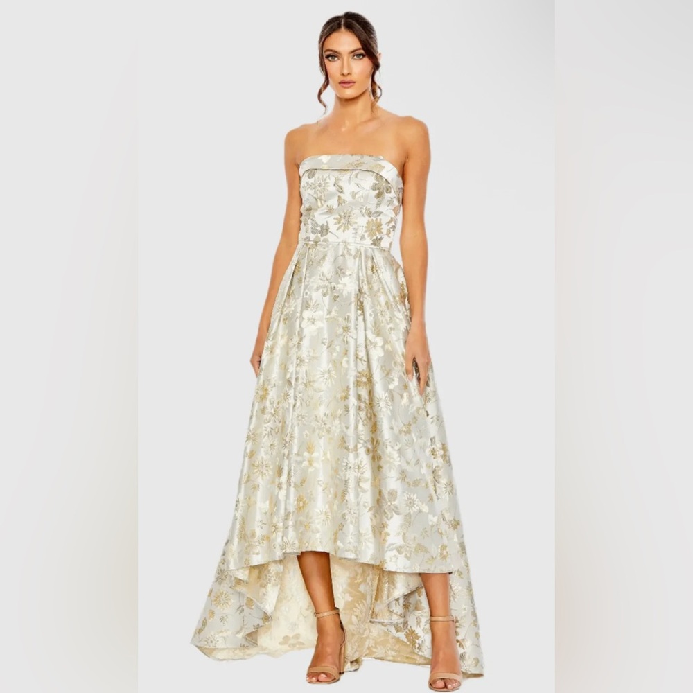 Mac DUGGAL- White (gray) and Gold Brocade Strapless Golden Floral High Low Gown